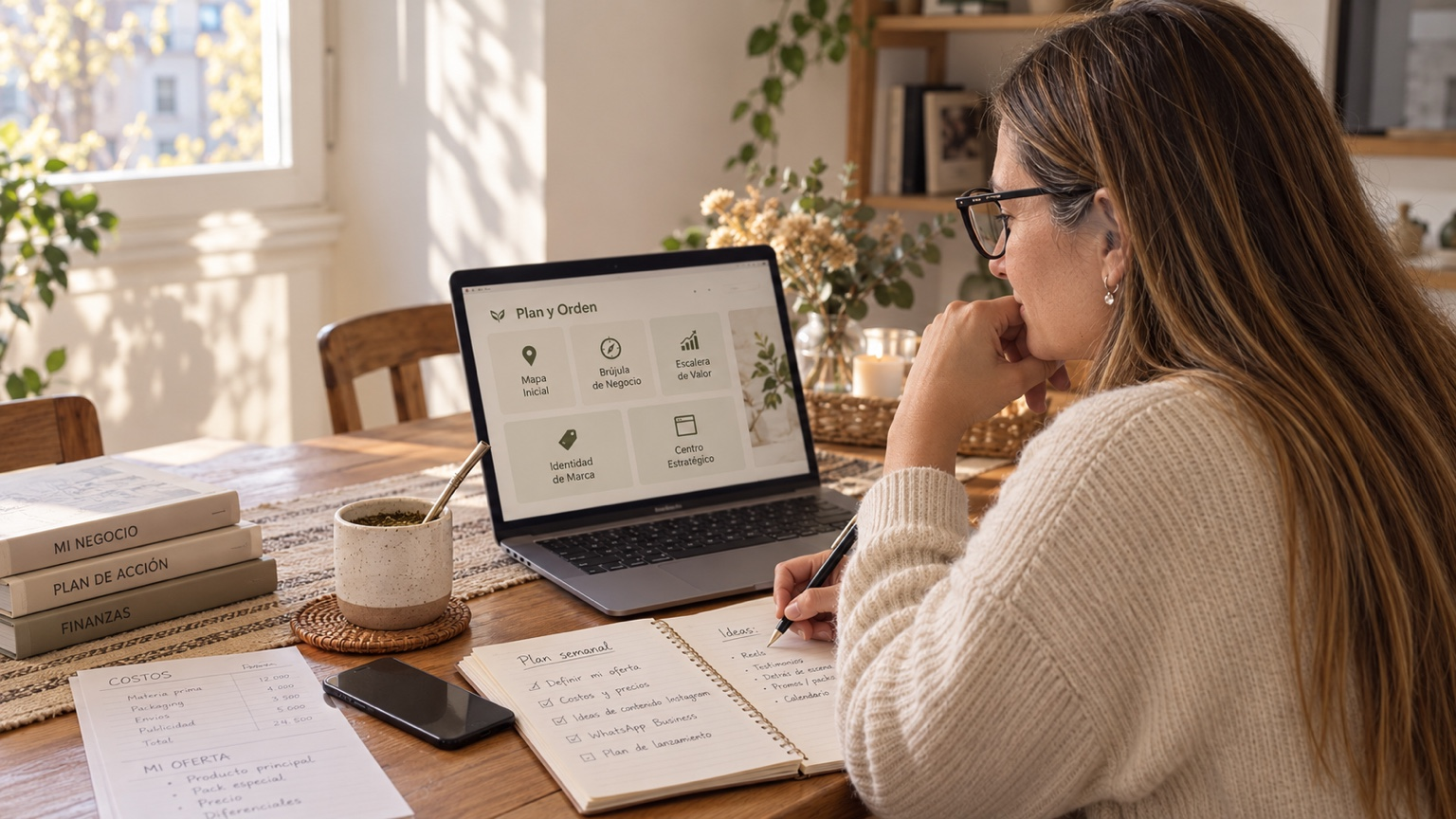 Silvina, de Plan y Orden, trabajando en la planificación y organización de su negocio.